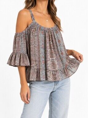 Robert Louis Floral Cold Shoulder Ruffle Top Size XL 3/4 Sleeve